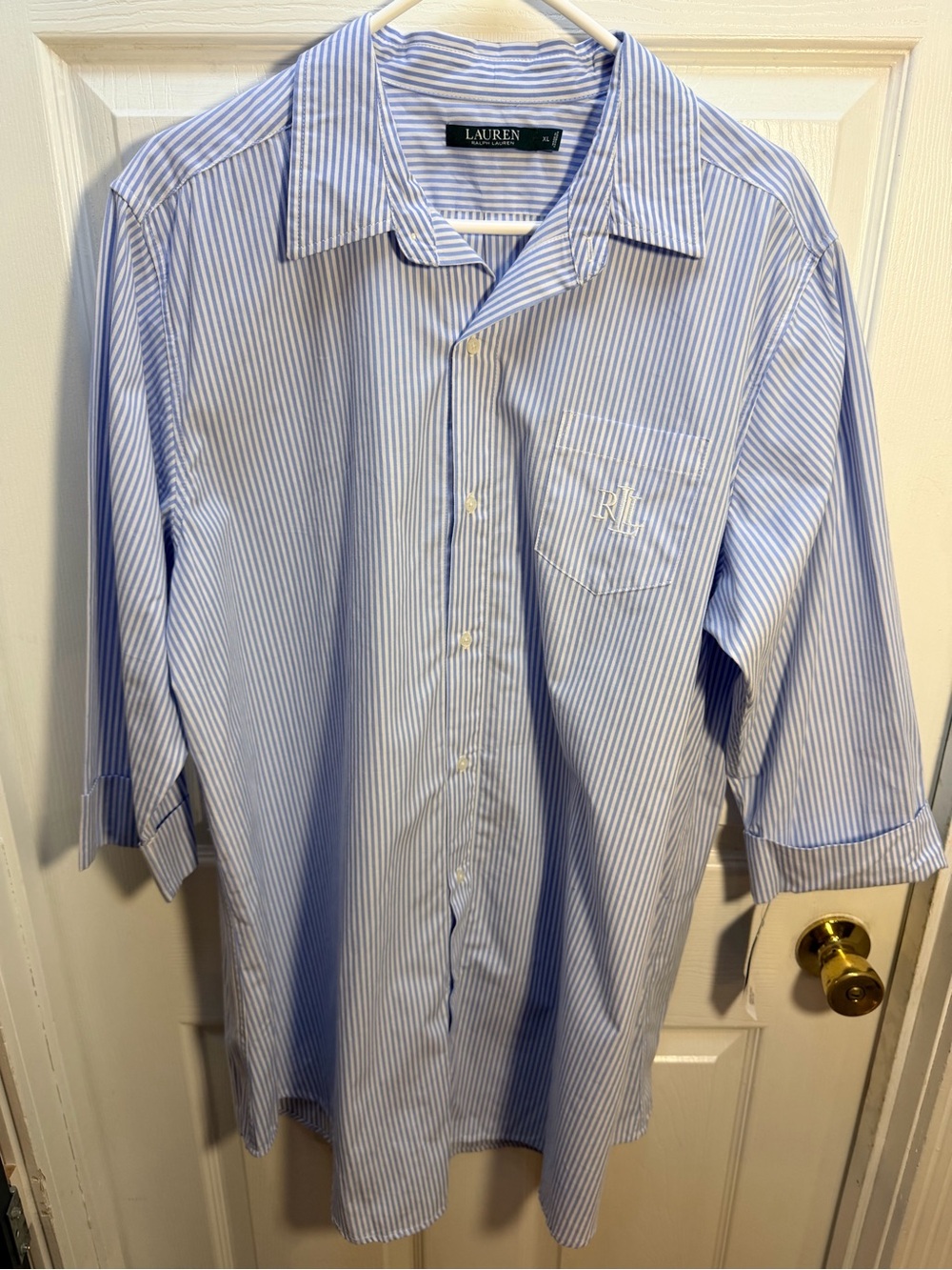 Lauren Ralph Lauren Blue & White Striped Cotton Button-Up Sleep Shirt